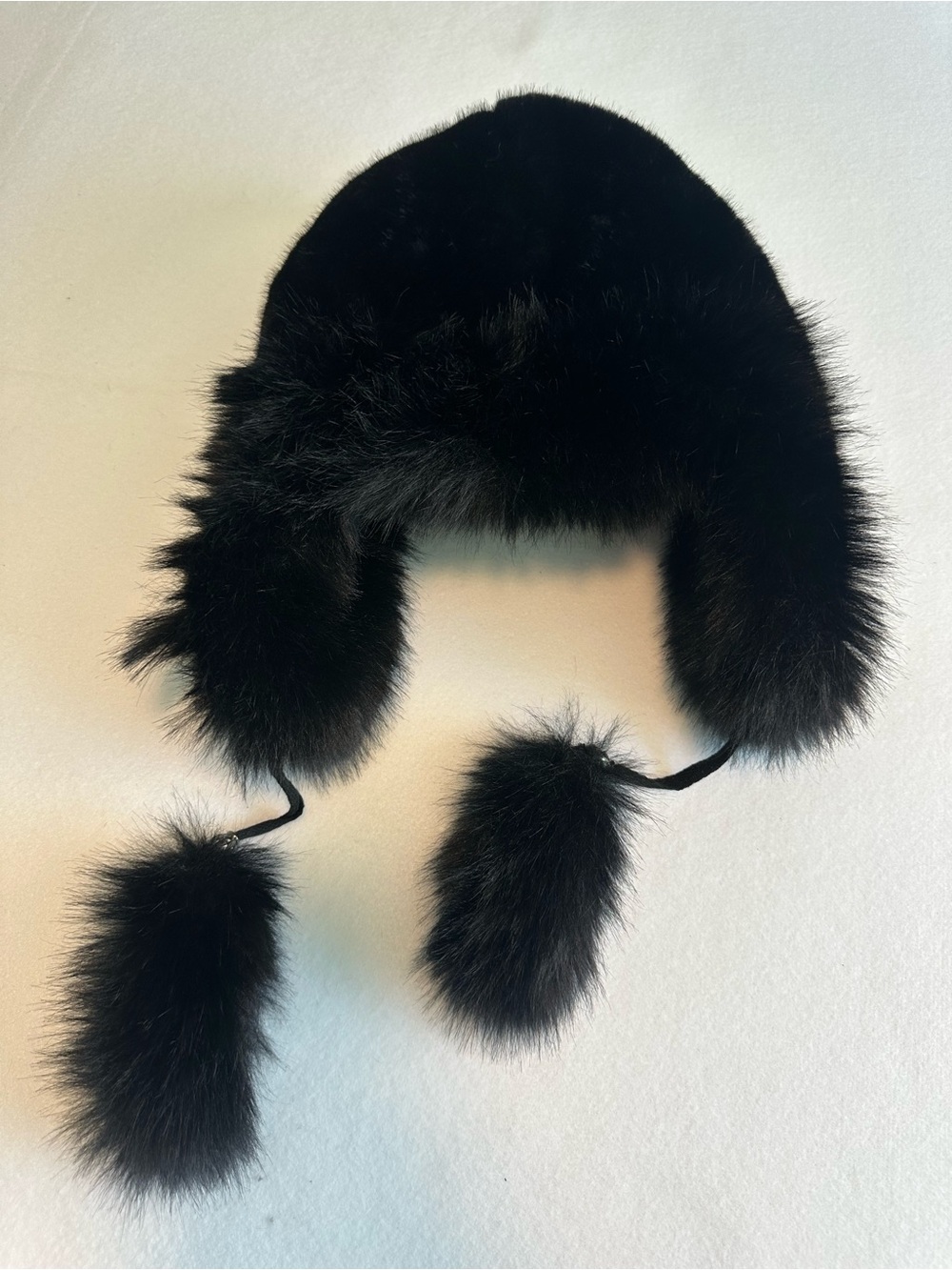 Vintage Real Fur Trapper Hat Black Ushanka Aviator Ear Flap Pom Poms